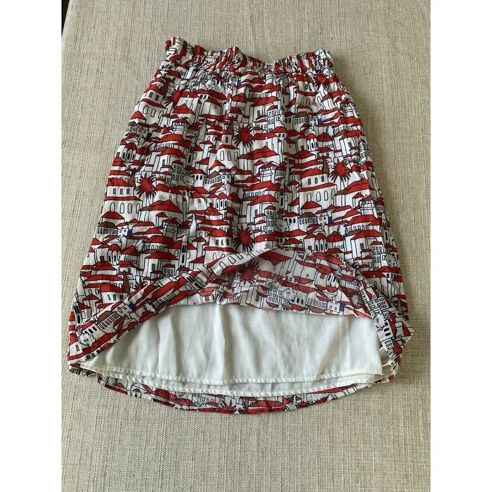 Porridge Anthropologie Skirt XS Red White European Village Print Elastic Waist